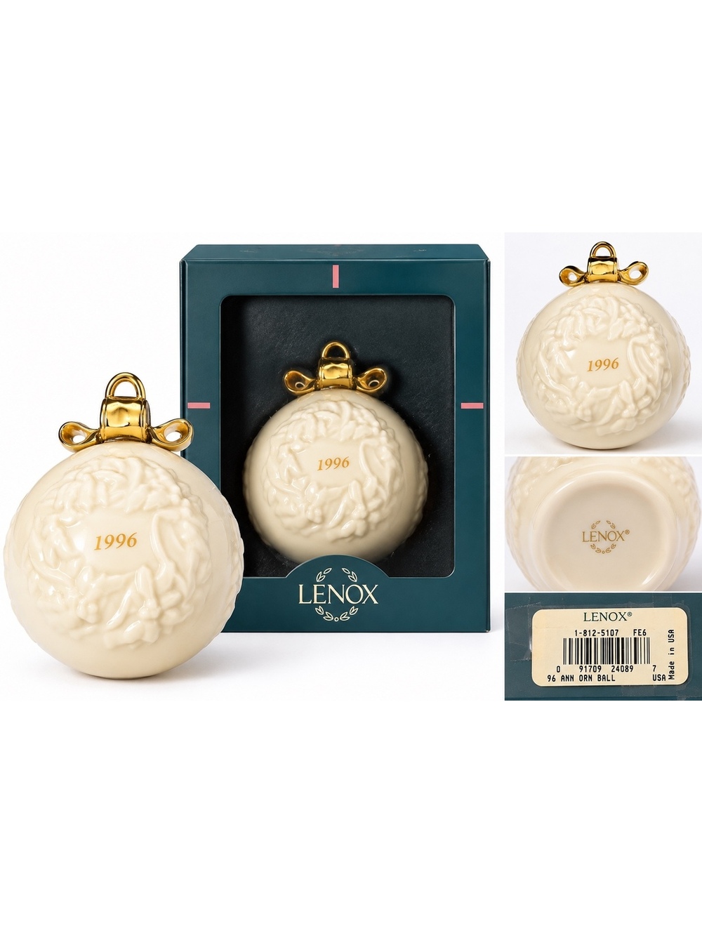 Lenox 1996 Annual Christmas Ornament Ivory Porcelain Ball Gold Bow USA NIB
